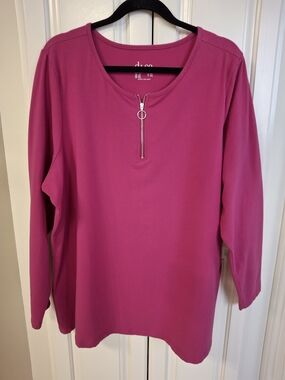 Denim&Co Magenta Zip-Neck Long Sleeve Top